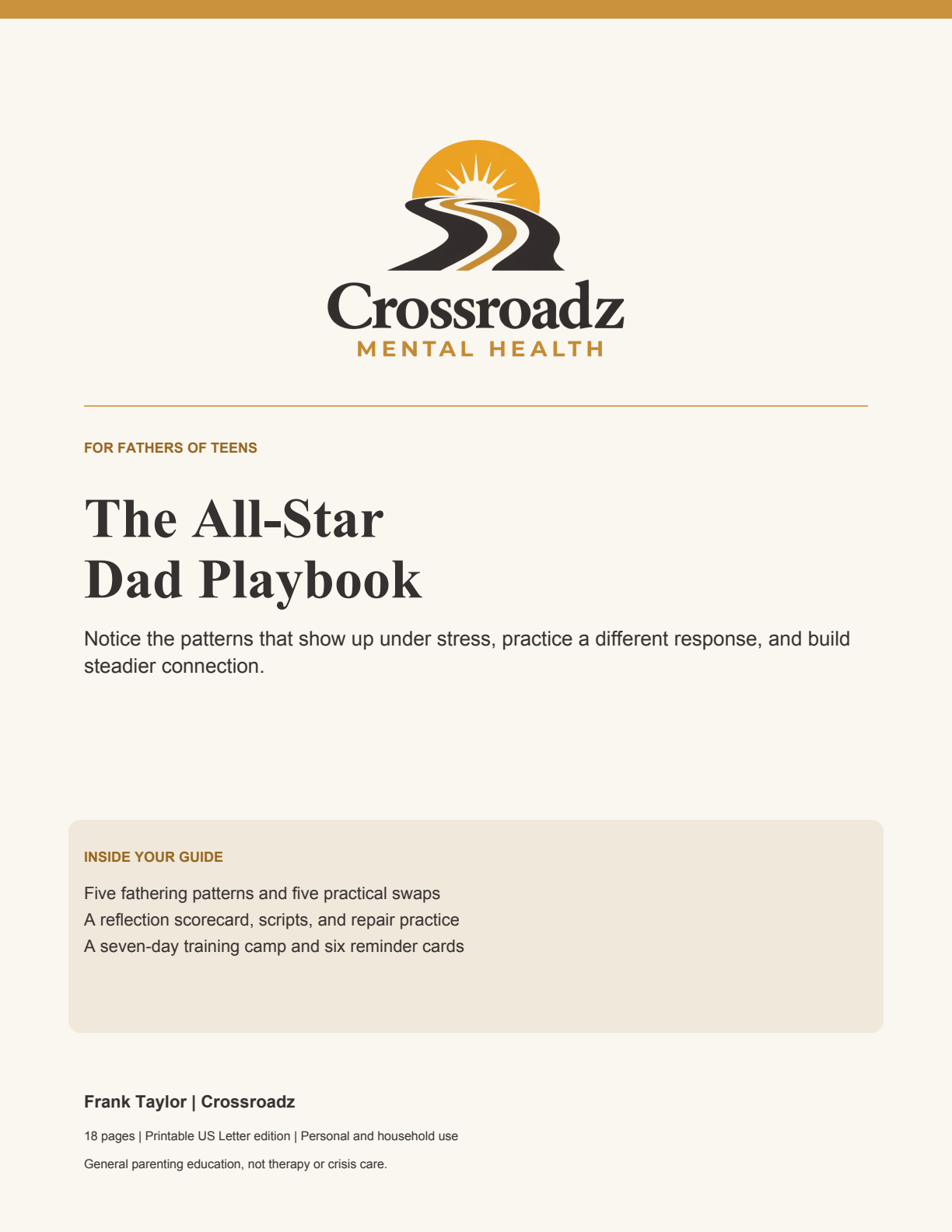 All-Star Dad Playbook — Crossroadz parenting guide cover by Frank Taylor, LMHC