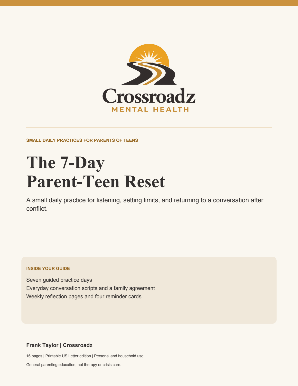 The 7-Day Parent-Teen Reset — Crossroadz parenting guide cover by Frank Taylor, LMHC